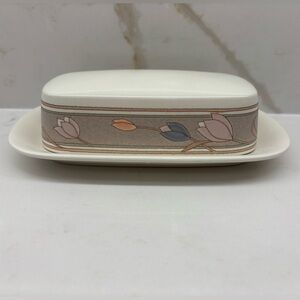 Vintage Mikasa Intaglio 1/4 Slab Covered Butter Dish Meadow Sun with Tulips